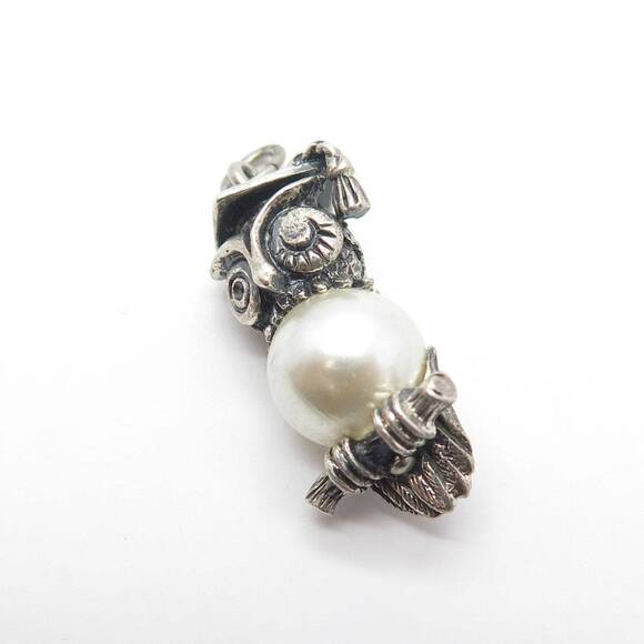 BEAU 925 Sterling Silver Vintage Faux Pearl Owl Professor On Brunch Pendant - Picture 4 of 8